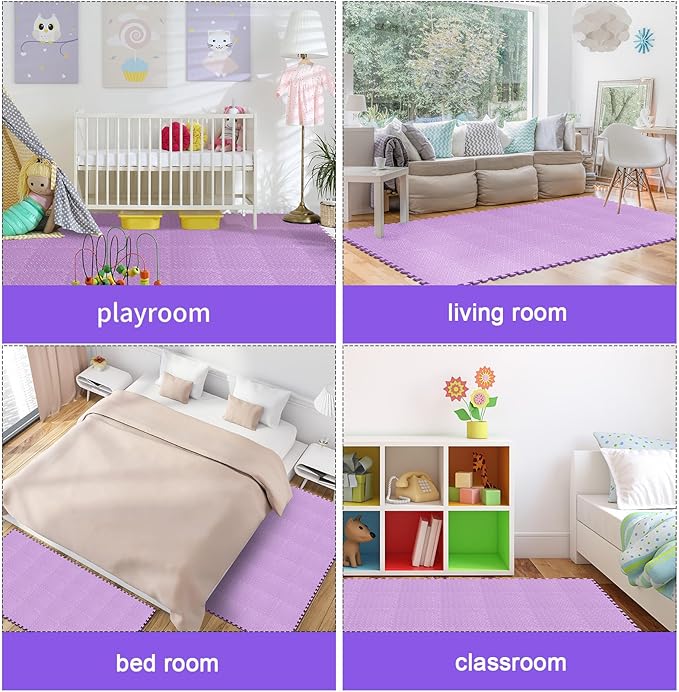 Shihanee Foam Floor Tiles Foam Floor Mats Play Mats Bulk with Borders Interlocking for Bedroom Gym Nursery(11.8 x 11.8 Inch,Purple)