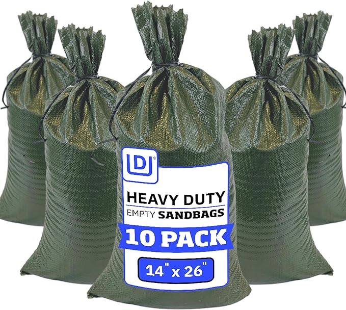 DURASACK Heavy Duty Sand Bags with Tie Strings Empty Woven Polypropylene Sand-Bags for Flood Control with 1600 Hours of UV Protection, 50 lbs Capacity, 14x26 inches, Green, Pack of 10