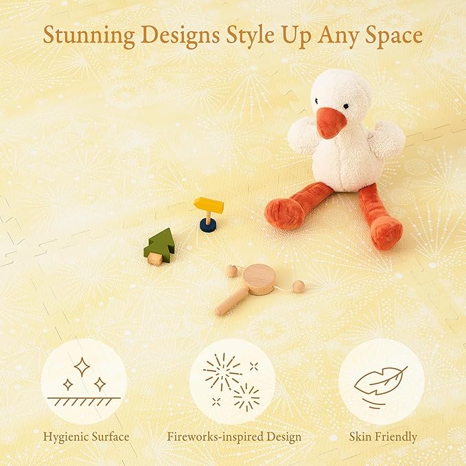 PopsyKosy Premium Baby Floor Play Mat - Extra Thick & Cushioned 1 inch Playroom Foam Mat, Non-Toxic Odorless - 6 Tiles - Spacious 6x4 ft. - Stylish & Large, Waterproof for Kids & Toddlers - Champagne Yellow