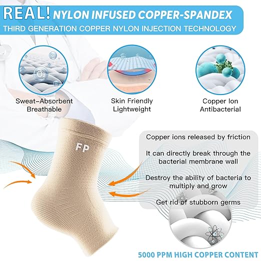 Copper Ankle Brace for Women Men 2 Pack Ankle Compression Sleeve Support for Sprained Ankle, Plantar Fasciitis Relief & Achilles Tendonitis Brace, Sports, Running, Nude, M