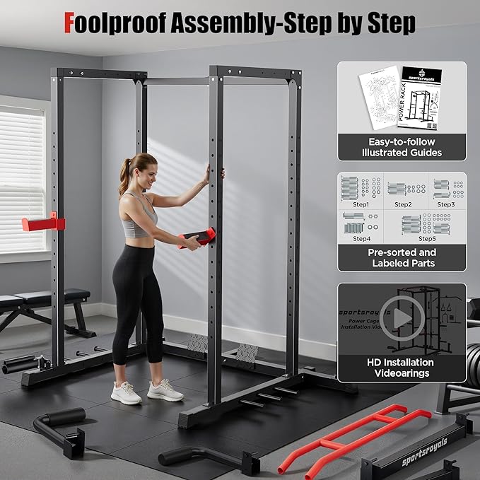 Sportsroyals Squat Rack, LAT Power Cage, Power Rack Multi-Function with Pulley System and Training Attachments for Home Gym