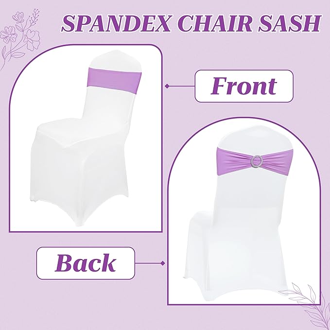MDS Pack of 150 Spandex Chair Sashes Bow Universal fits Elastic Stretch Chair Bands Ties with Buckle for Wedding Party Banquet Events Decoration Spandex Slider Sashes Bow - Light Purple