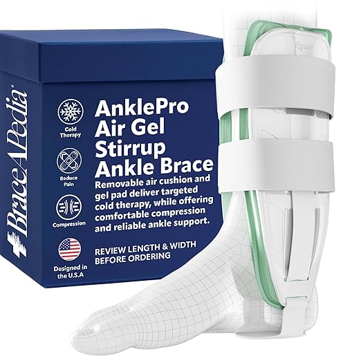 AnklePro Air Cushion Stirrup Ankle Stabilizer Brace - Removable Cold Therapy 3-Strap Rigid Stirrup Ankle Splint w/Gel Pad for Women & Men - Lateral Support for Stability, White, Small