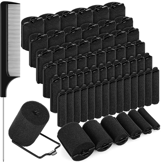Syhood 56 Pcs Foam Sponge Hair Rollers 6 Sizes Soft Sleeping Curlers Flexible Sponge Curler Tool Rat Tail Comb for Long Short Hair Styling(Black)