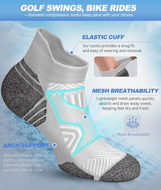 Cushioned Cotton Ankle Compression Socks for Men Women 6 Pairs Wicking Low Cut Arch Support Plantar Fasciitis Socks