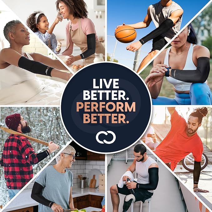 Copper Compression Arm Sleeve - Copper Infused Full Arm Brace for Forearm, Bicep, Triceps - Tennis Elbow, Basketball, Golf, Arthritis, Tendonitis, Bursitis, Post Surgery Rehab - Odor Resistant - Black - 2XL