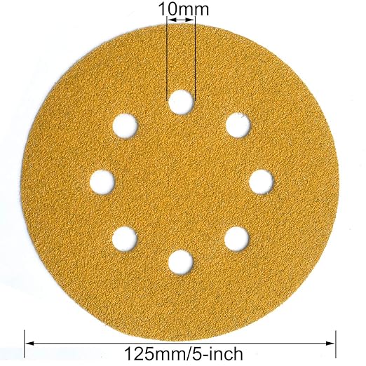 5-Inch 8-Hole Hook and Loop Sanding Discs, 60/80/120/220/400 Assorted Grits Gold Sanding Disc for Random Orbital Sander, 50-Pack