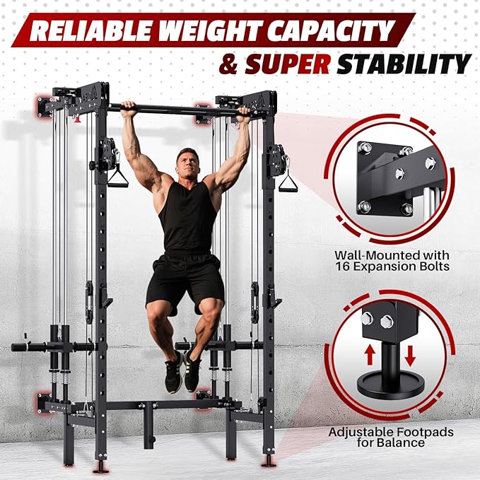 Folding Squat Rack, Wall Mounted Power Rack with Cable Crossover Machine & LAT Pull Down Multi-Function Space-Saving Power Cage with 7 Adjustable Modes/Dual Pulley System/Pull-up Bar/360°Landmine
