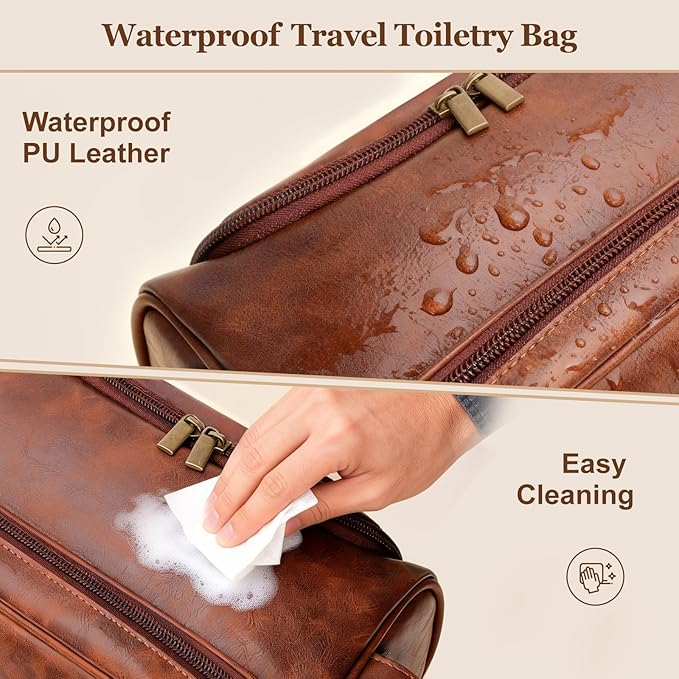 Leather Toiletry Bag for Men, Portable Hanging Travel Toiletry Bag with Hanging Hook, Personalized Travel Toiletries Organizer Kit, Large, Waterproof, PU Leather, Birthday Gift for Dad Husband Son(M)