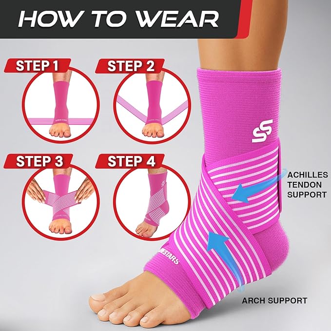 Sleeve Stars Ankle Brace for Women & Men, Ankle Wrap for Sprain, Compression Sleeve for Plantar Fasciitis Relief, Easy Customizable Support: w/ Removable Strap (Single/M:10"-12"/Hot Pink)