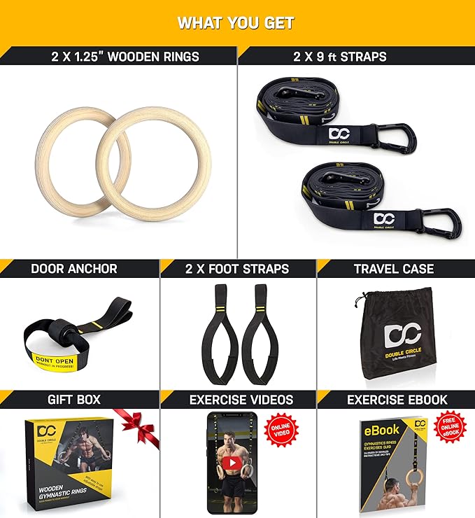 Double Circle Wood Gymnastics Rings with Quick Adjust Numbered Straps and Exercise Videos Guide - Full Body Workout Rings, Calisthenics, Home Gym (Multi-Size)