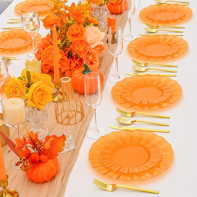60pcs Orange Plastic Plates with Gold Rim, Clear Orange and Gold Plastic Plates, Fancy Disposable plate, 30 Dinner & 30 Dessert Plate for Party Wedding, Ware Design