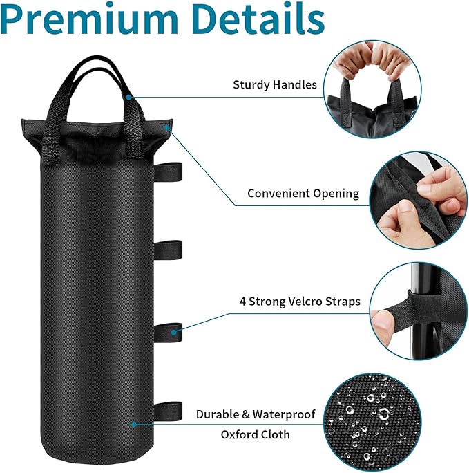 4 Sand Bags for Weight, Heavy Duty Sandbags for Canopy Legs, Extra Large Pop Up Tent Weights, Canopy Weight Bags for Gazebo, Outdoor Sun Shelter, Umbrella - Black, 6"×20", Without Sand
