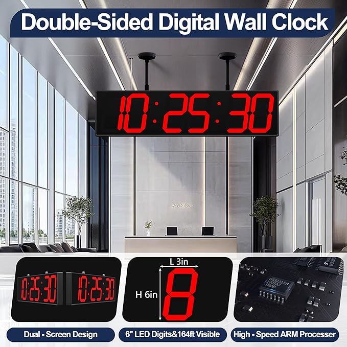 CHKOSDA Digital Clock Large Display 28" with Remote Control,Double-Sided Clock, Suspended Design for Hospitals, Factories, Airports.