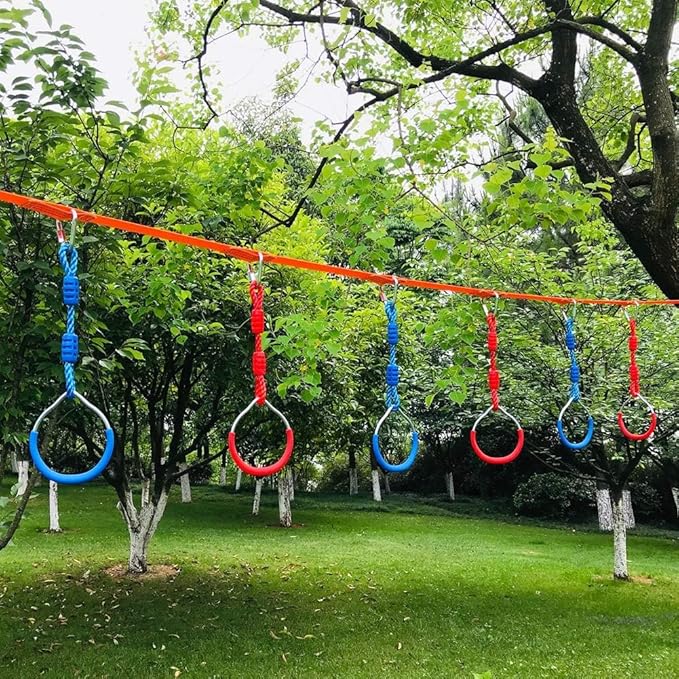 Ninja Ring Backyard Gymnastic Fitness Fist Outdoor Jungle Gym Play Set Playground Training Equipment, 2 Blue Swing Monkey Bar Hang Climbing Ring Warrior Obstacle Course Trapeze Slackline Attachments