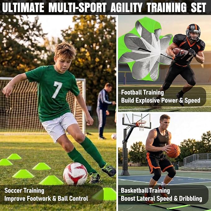 Agility Ladder, Agility Speed Training Equipment Set, 20ft Speed Ladder, 12 Soccer Cones, 4 Hurdles, Jump Rope, Running Parachute, Soccer Football Basketball Training Equipment Accessories