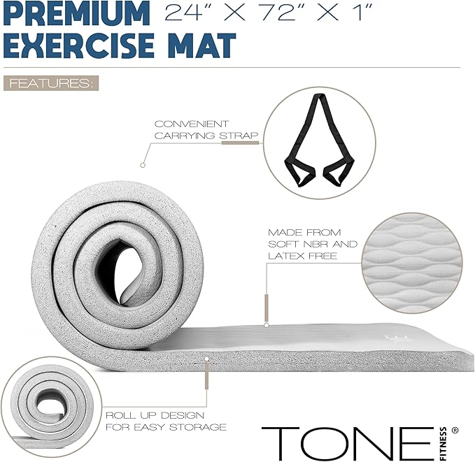 Tone Fitness 1-Inch Thick Yoga Mat | High-Density, Non-slip Exercise Mat with Carrying Strap for Yoga, Pilates, & Home Gym Workouts | Multiple Options