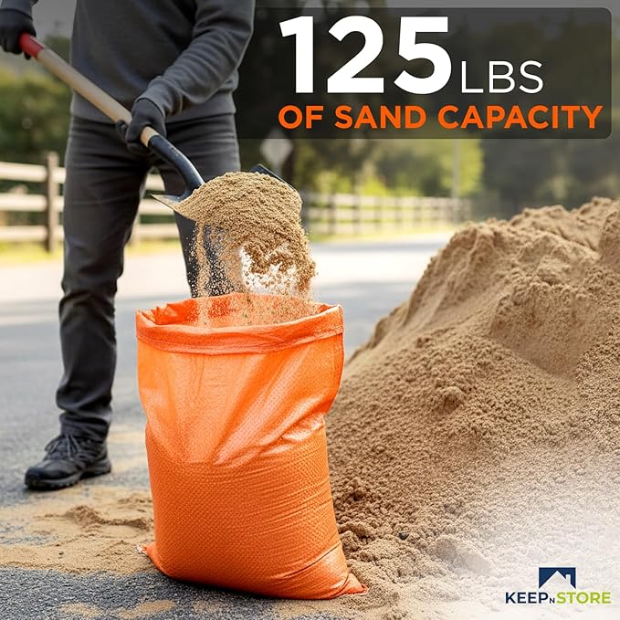 Heavy Duty Sand Bags Pack of 5, Bright Orange Empty Sandbags with Built-In Ties, Woven Polypropylene UV Protection 1600 Hours, Fillable Bags for Flood Control, Weight, 24x40 inches, 125 Pounds Volume