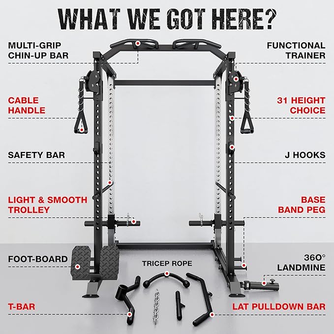 DP01 Power Cage, 2000LBS Squat Rack with with Cable Crossover and Dual Independent Pulley System, Full Cage for Full Body Training, Power Rack with More Training Attachments for Home Gym