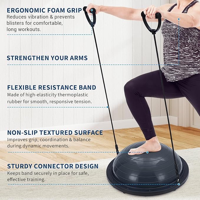 Half Balance Ball, 23 Inch Half Exercise Ball 1600Lb Capacity, Non-Slip Base Balance Half Ball for Core Workouts, Strength Training Half Yoga Ball with Resistance Bands, Pump, and Bonus Ball, Home Gym