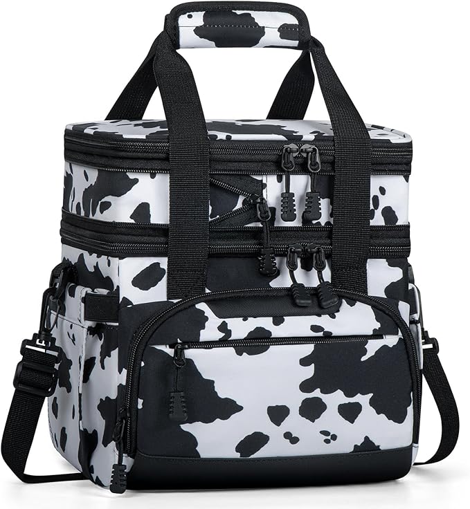Large Lunch Box for Men/Women Dual-Compartment Insulated Lunch Bag,Expandable Leakproof Cooler Bag Lunch Tote with Adjustable Shoulder Strap for Work Camping Picnic,Cow Print 24-Can(14L)
