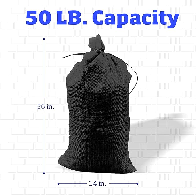 DURASACK Heavy Duty Sand Bags with Tie Strings Empty Woven Polypropylene Sand-Bags for Flood Control with 1600 Hours of UV Protection, 50 lbs Capacity, 14x26 inches, Black, Pack of 100