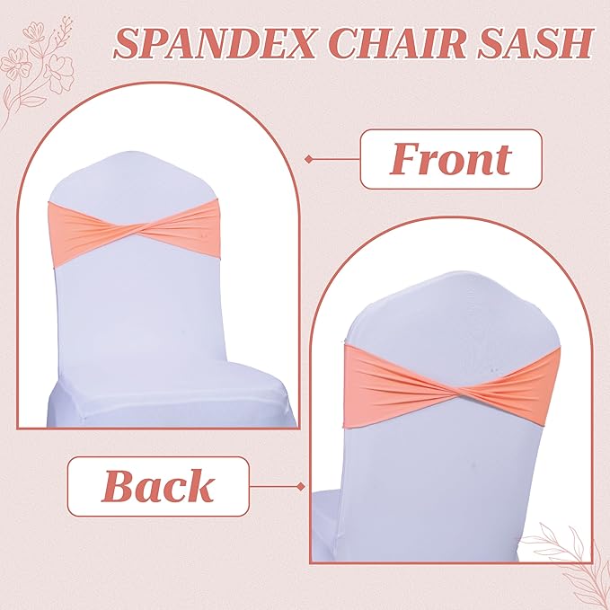 MDS Pack of 150 Spandex Chair Sashes Bows Elastic Stretch Dining Chair Bands Ties Without Slider Buckle Universal fits for Wedding Baby Shower Birthday Party Banquet Event Decoration - Peach