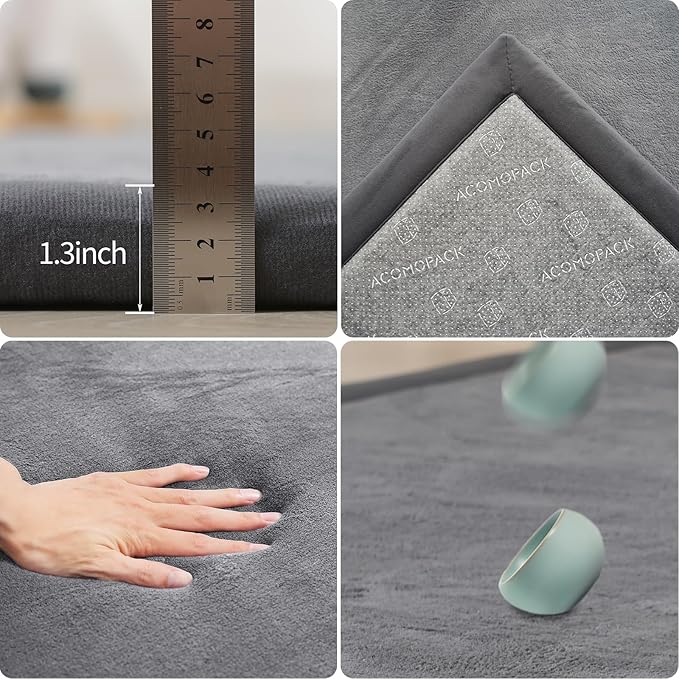 ACOMOPACK Baby Play Mat for Floor 1.3" Thick Memory Foam Play Mat 59"×71" Tummy Time Crawling with Non-slip Bottom for Living Room,Nursery,Soft Velvet Playpen Mats for Kids,Infants（Dark Grey）