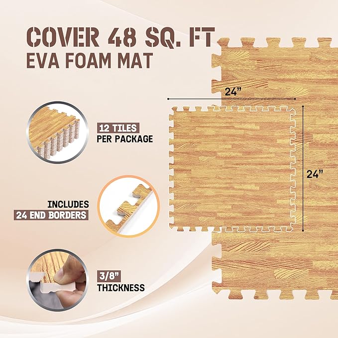 Yes4All EVA Interlocking Mats, Puzzle Floor Tiles, Foam Floor Padding with Border for Furniture, Home Space, Living Room, Garage