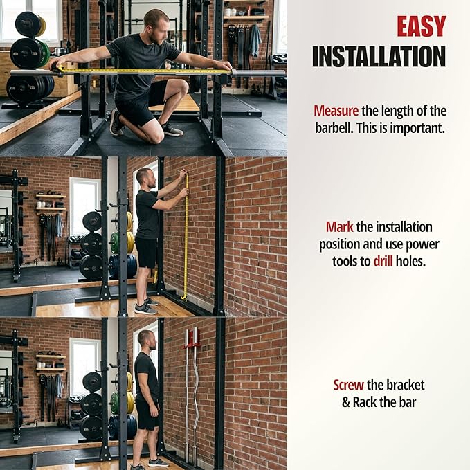 Olympic Barbell Hanger,Garage Gym Bar Wall Rack,Vertical Barbell Mount Rack,Space Saving Commercial or Home Gym Accessory,Holds Under 33mm Bar Size