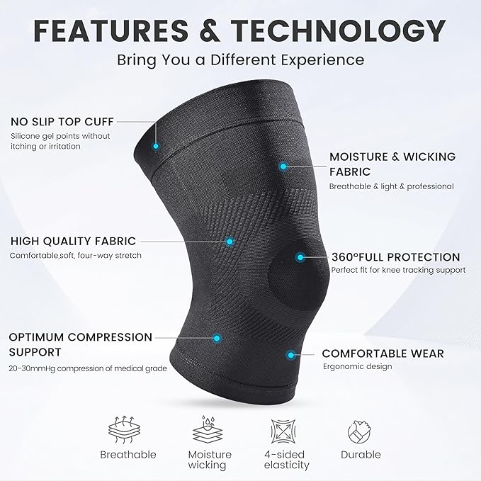 Knee Compression Sleeves, 1 Pair, Can Be Worn Under Pants, 20-30mmHg Strong Support Knee Brace for Unisex, Knee Support for Meniscus Tear, Arthritis, Pain Relief, Injury Recovery, Daily Wear, Black S