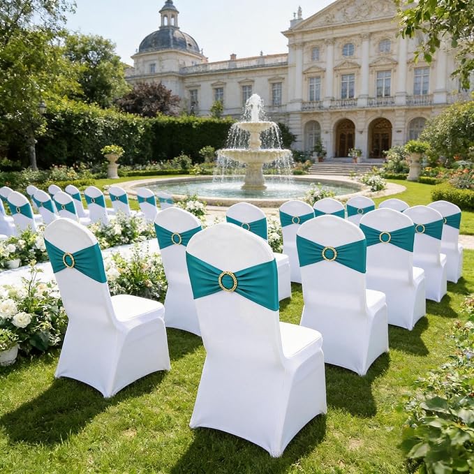 Turquoise Chair Sashes 50 Pack, Spandex Turquoise Chair Bows with Gold Buckle for Wedding Decoration, Chairs Bands for Party Banquet Gender Reveal Décor