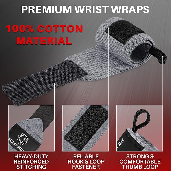TECEUM Weightlifting Wrist Wraps with Thumb Loop – Gray – Beast Mode – 12 inch – Heavy-Duty Workout Wrist Support & Protection – Ideal for Powerlifting, Strength Training, Bodybuilding