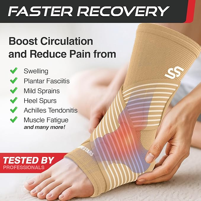Sleeve Stars Ankle Brace for Women & Men, Ankle Wrap for Sprained Ankle, Compression Sleeve for Plantar Fasciitis Relief, Easy Customizable Support: w/Removable Strap (Single/S:9"-10"/Beige)