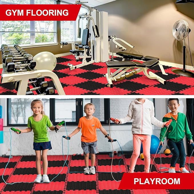 Ecally 100 Pcs 12 x 12 Gym Mat Foam Floor Mats for Home Gym Covers 96 Sq Ft Puzzle Exercise Square Interlocking Carpet Tiles with Border for Workouts Equipment Yoga Pilates (Black,Red)