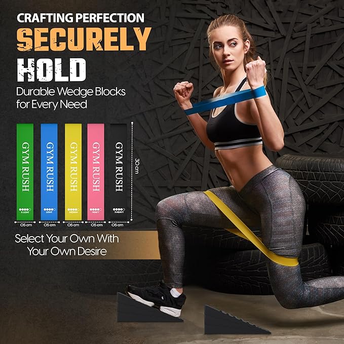GYMRUSH Squat Wedge Block 6PCS, Resistance Bands 5PCS, Adjustable Non-slip Rubber Squat Ramp, Weight Lifting, Deadlift, Calf stretcher, Slant board, Improve Mobility Balance and Strengthen Performance