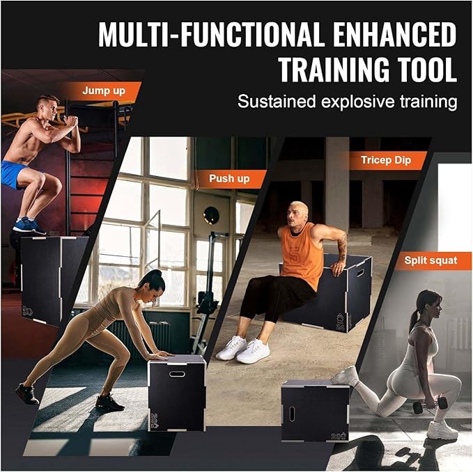 Plyometric Jump Box, 30/24/20 Inch Wooden Plyo Box - Adjustable Height Fitness Platform for Strength Training, Agility & Conditioning - Home Gym Equipment - Black