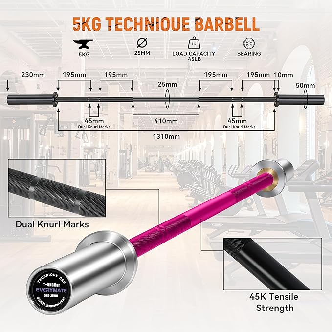 EVERYMATE 5kg Olympic Technique Bar – Lightweight Aluminum Training Barbell for Beginners, Youth & Rehab | 25mm Knurled Grip, 150lb Capacity, Compatible with 2" Weight Plates – Ideal for Form Practice & Cross-Training
