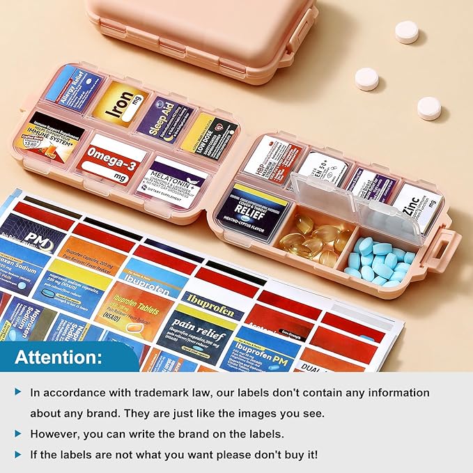 14 Grids Travel Pill Organizer Box with 415-Pcs Medicine Name Labels - Pocket Daily Pharmacy Case Container Kit - Travel Medication Holder Dispenser for Fish Oil Vitamin Supplement Storage - Pink