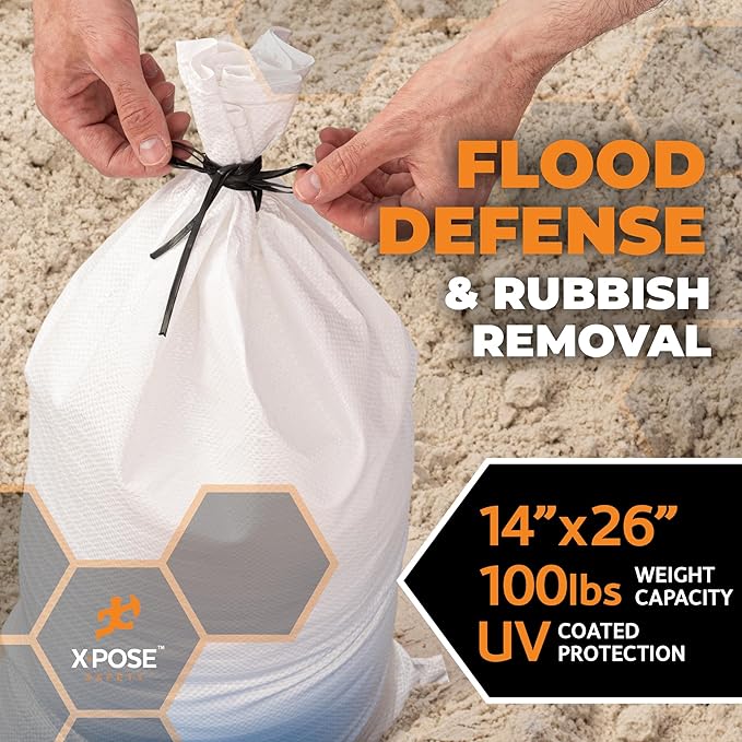 Xpose Safety Heavy Duty Sand Bags with Tie Strings – Empty Woven Polypropylene Sandbags for Hurricane Flood Protection, 100 lb Capacity, 14" x 26", White, Bulk Full Pallet Pack of 8000