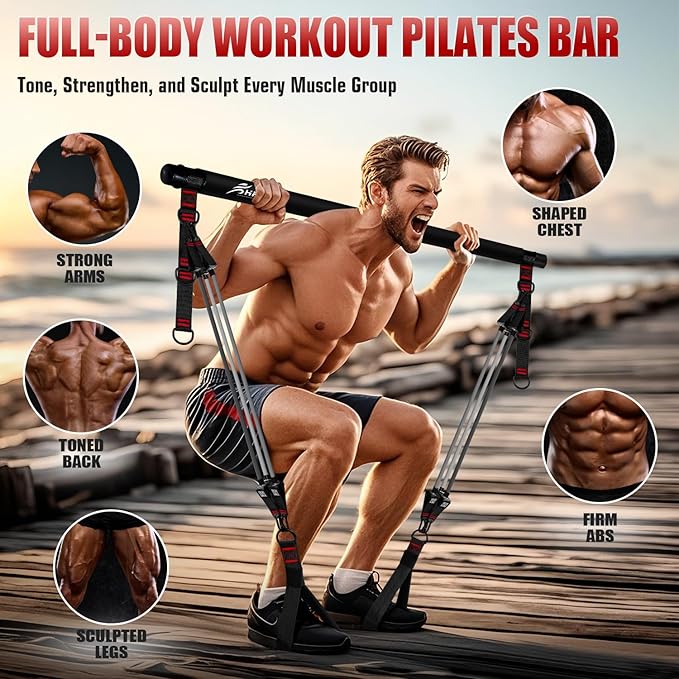 HPYGN Pilates Bar Kit with Resistance Bands, Heavy Duty Multifunctional Pilates Workout Equipment for Strength Training, HIP, Back, Arms, Ab, Shoulders, Portable Home Gym & Travel Fitness Gear for Men