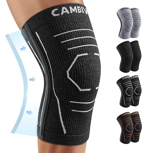 CAMBIVO Knee Brace for Women and Men with Side Stabilizer 2 Pack, Lightweight Knee Compression Sleeves for Knee Pain Relief, Knee Sleeves for Running, Workout and Daily Activities (Dark Gray, Medium)