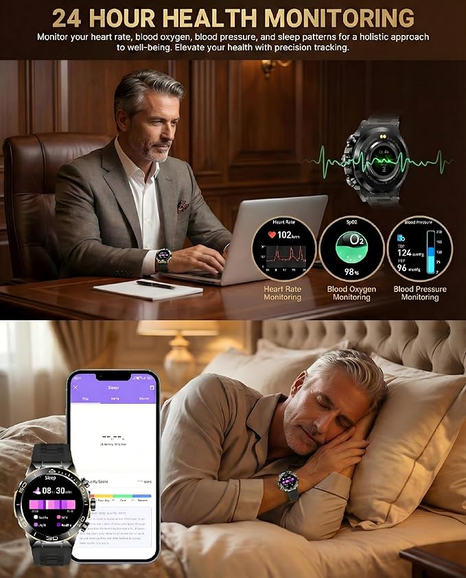 SOUYIE Men's Smart Watch with Bluetooth Call, 1.43" AMOLED Round Dial, Luxury Stainless Steel & Silicone Bands, Business Sport Fitness Tracker, Heart Rate/Blood Pressure/Sleep Monitor for iOS Android