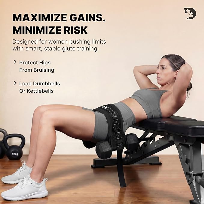 DMoose Fitness Hip Thrust Belt - Dual-Strap Glute Builder for Dumbbells, Plates, Kettlebells (Supports up to 700 lbs) - Comfortable Padded Booty Belt for Home & Gym