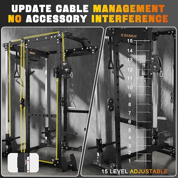 Gxmmat X6 Power Cage, 2200LB Multi-Function Power Rack with Independent Dual Aluminum Pulley System, Squat Rack for Home Gym Strength Training Equipment, Heavy-Duty Steel Construction