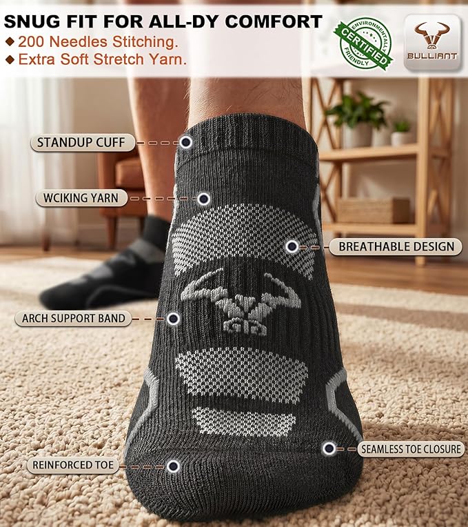BULLIANT Men Running Socks,Active Ankle Socks No Show For Men With Cushioned Footbed Arch Support Breathable Wicking