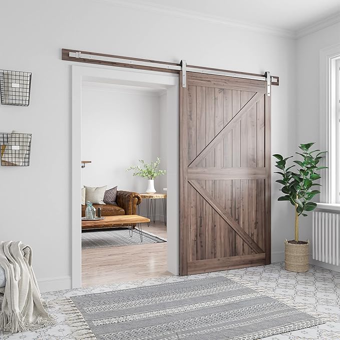 SMARTSTANDARD 8 Feet Brushed Nickel Barn Hardware Kit-Heavy Duty Sliding Track-Smoothly and Quietly-Easy to Install-Fit 42"-48" Wide Door Panel (J Shape Hanger)