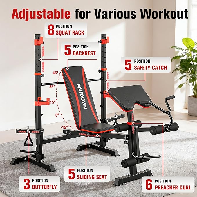 Foldable 1500LBS 8 IN 1 Olympic Weight Bench Set with Squat Rack, Leg Extension/Curl & Preacher Curl, Adjustable Bench Press Set with Safety Bar Catches for Home Gym Full Body Workout