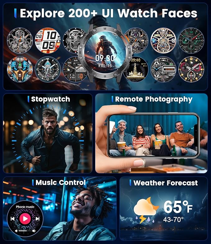LIGE 1.43" AMOLED Smart Watch for Men with Flashlight, Bluetooth Calling, 100+ Sport Modes, 530mAh, IP68 Waterproof Fitness Tracker for Workout, iOS Android Compatible, Black Steel Black Silicone