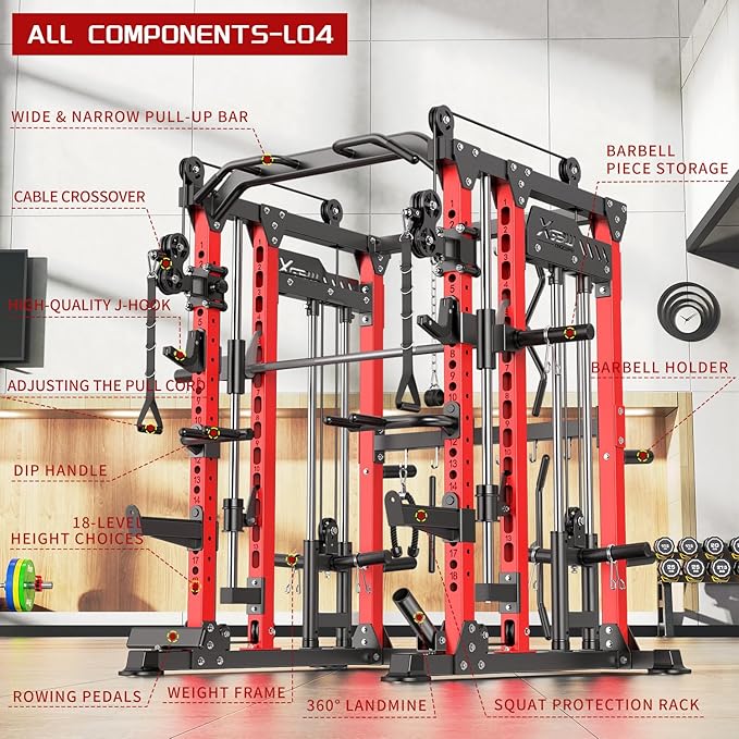 Multi-Purpose Squat Rack,Smith Machine Weight Rack Set with Cable Crossover System, Home Gym Power Racks, Power Racks and Packages
